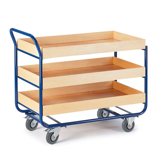 ROLLCART Tischwagen mit drei Ladeflächen mit 80 mm Rand