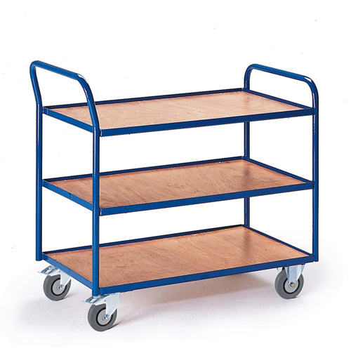 ROLLCART Tischwagen mit drei Etagen, 300 kg Tragkraft, hoher Schiebegriff