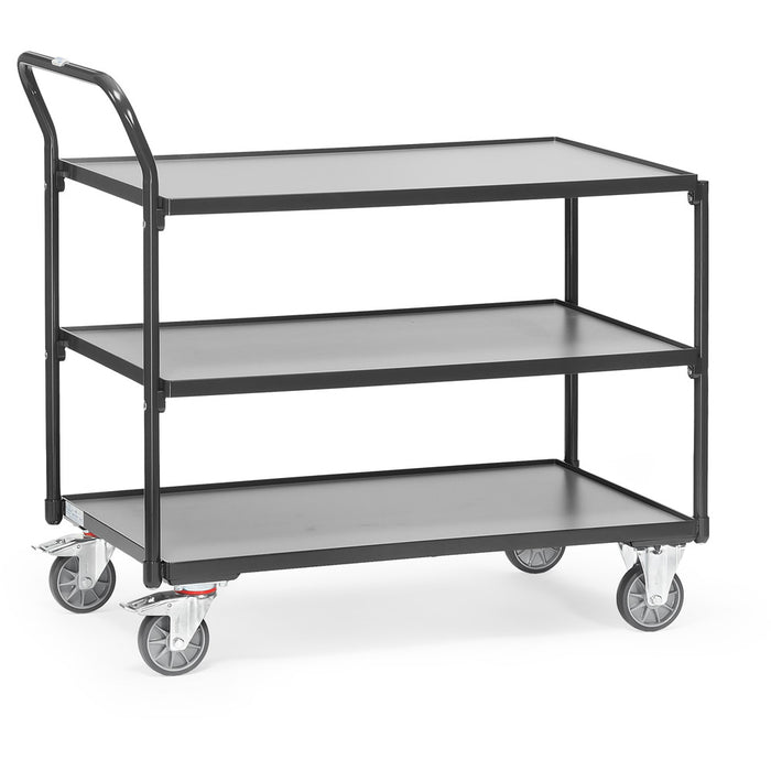 Fetra Leichter Tischwagen "GREY EDITION" 300 kg, mit drei Böden aus Holz, Griff hochstehend
