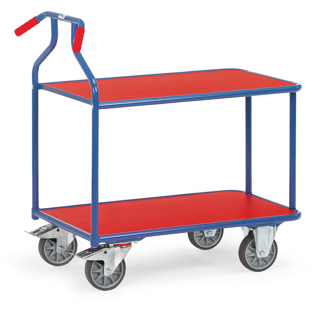Fetra 3601 blau/rot Optiliner-Tischwagen mit roten Holzplattformen 400 kg