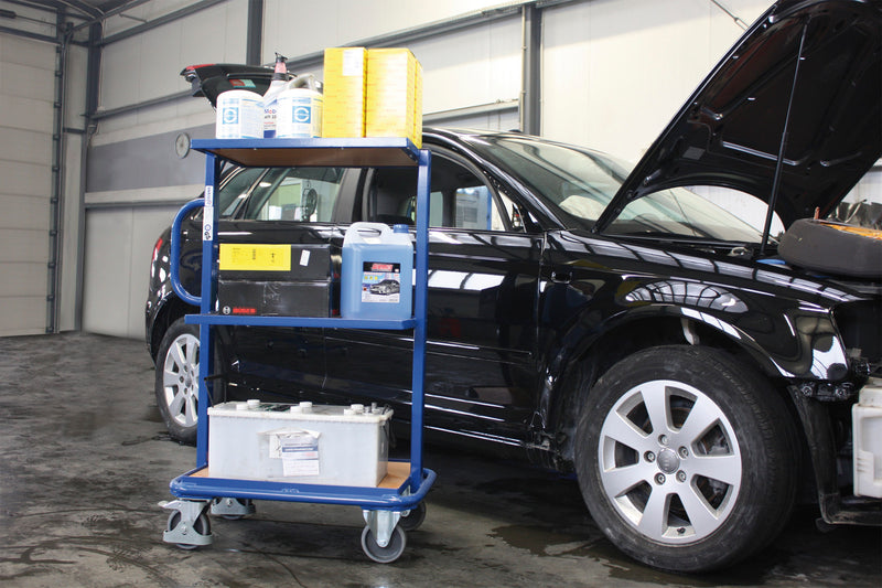 VARIOfit sw-400.801 Beistellwagen mit drei Holzböden, EasySTOP