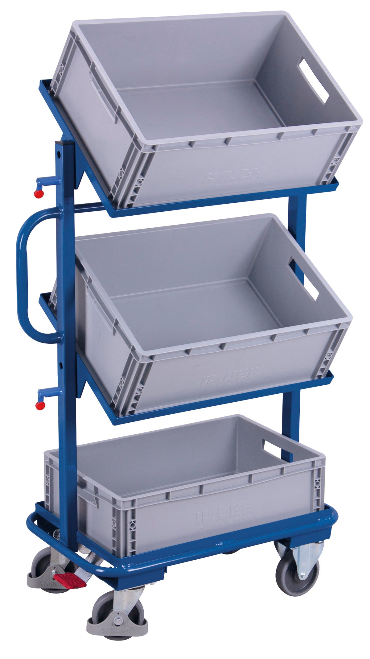 VARIOfit sw-400.805 Beistellwagen, neigbar, mit drei Kunststoffkisten, EasySTOP