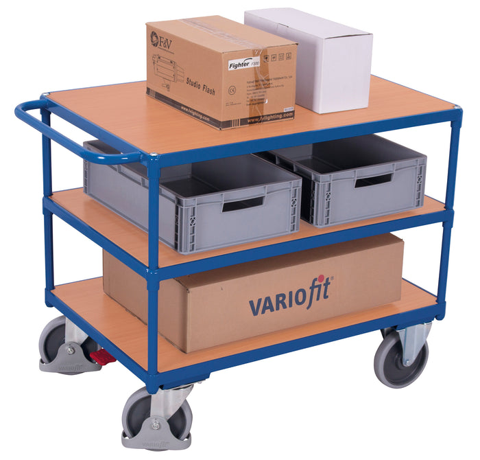 VARIOfit  Schwerer Tischwagen mit drei Ladeflächen, Baukasten-System, EasySTOP