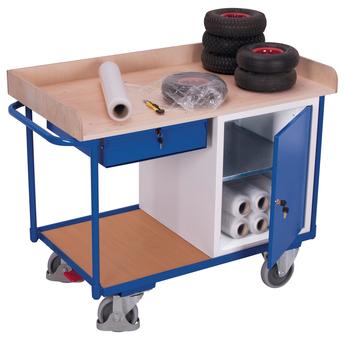 VARIOfit sw-600.611 Werkstattwagen mit zwei Ladeflächen, Schublade und Schrank, EasySTOP