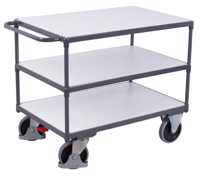 VARIOfit Schwerer ESD Tischwagen mit drei Ladeflächen, Baukasten-System, EasySTOP
