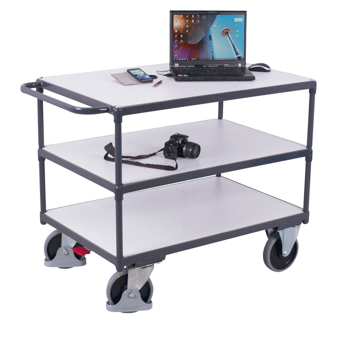 VARIOfit Schwerer ESD Tischwagen mit drei Ladeflächen, Baukasten-System, EasySTOP