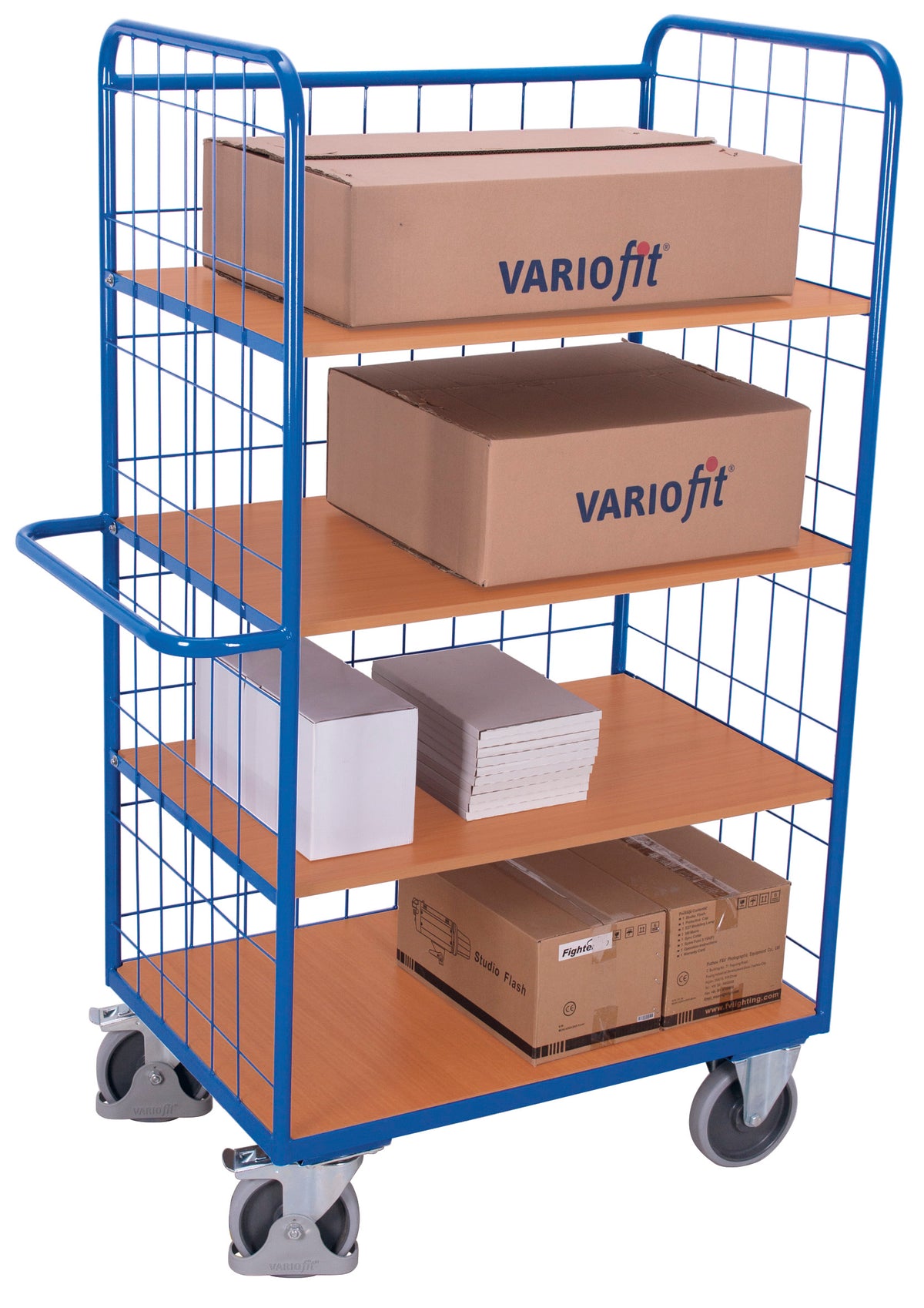 VARIOfit Hoher Etagenwagen mit drei klappbaren Etagenböden, EasySTOP